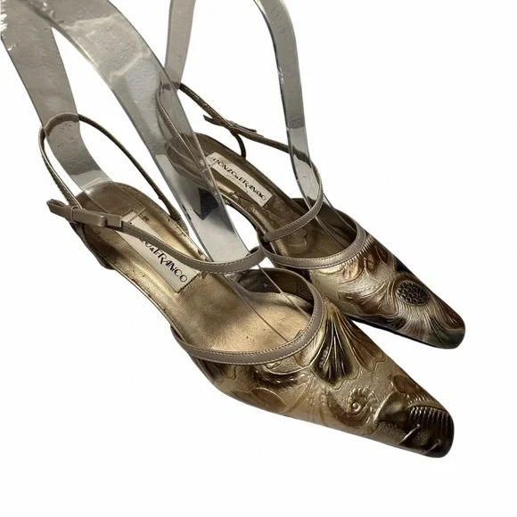 Monzo & Franco Gold Embossed Slingback Heels - Women's Sz 7.5 - Picture 4 of 15